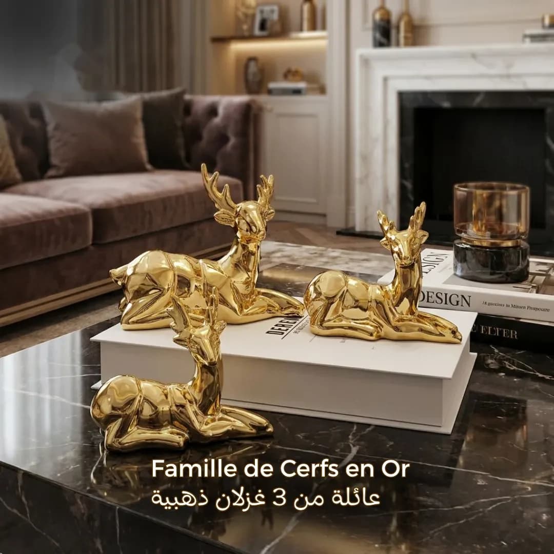 Famille de 3 Cerfs Dorés Couchés