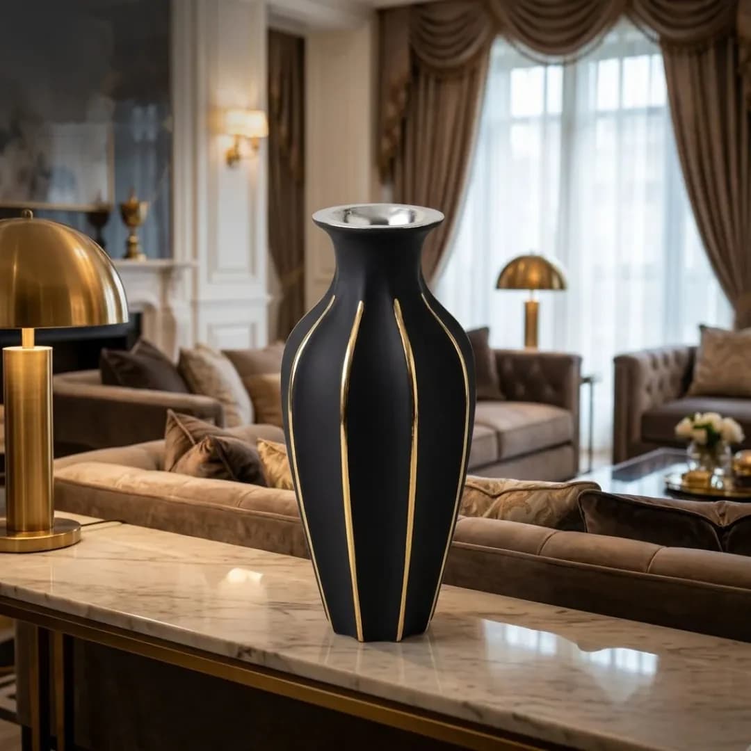 Grand Vase Noir Bandes Dorées Verticales — Noir & Or