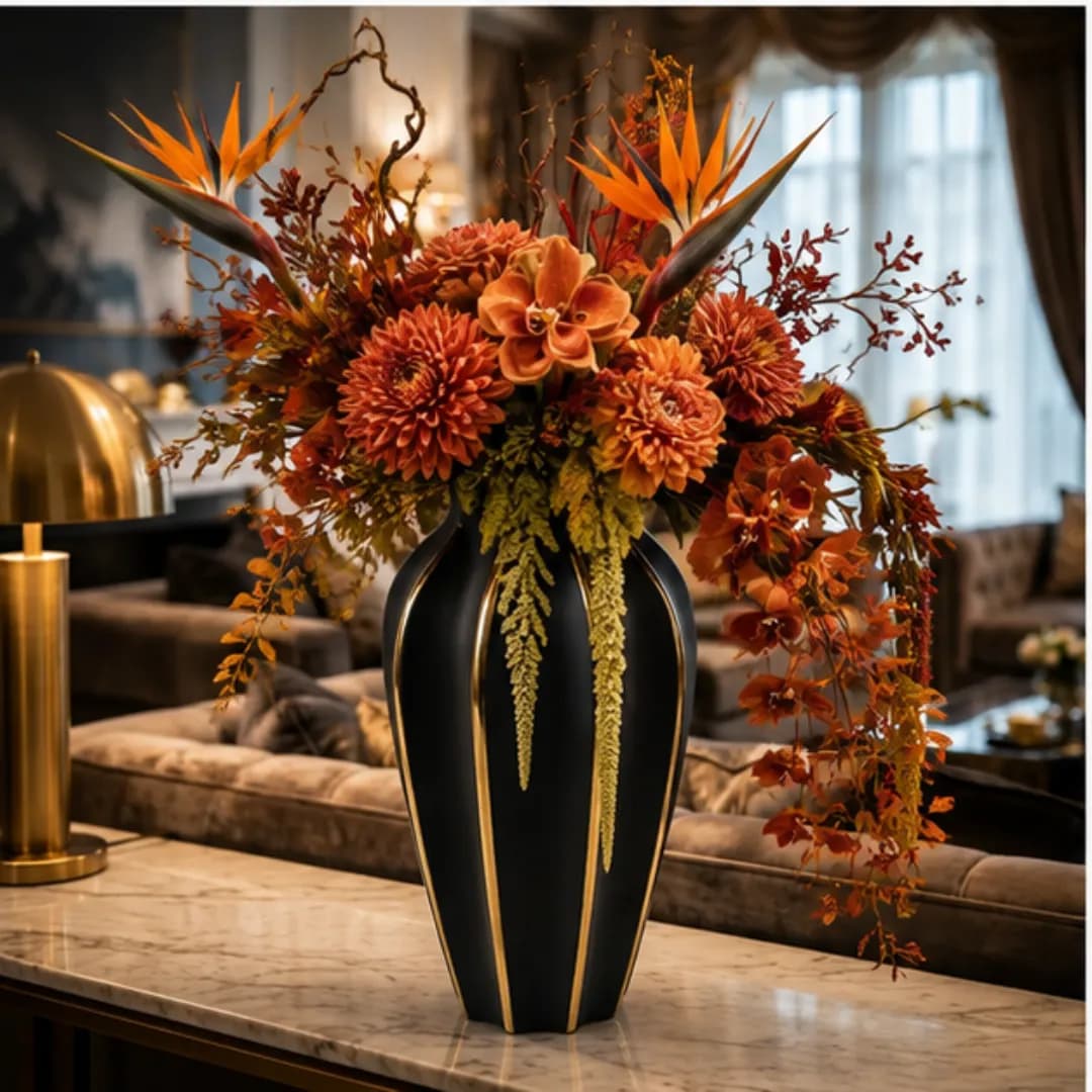 Grand Vase Noir Bandes Dorées Verticales