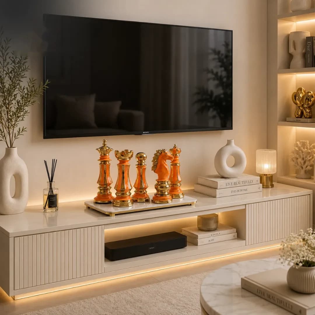 Jeu d'Échecs Décoratif Luxe Orange & Or – 5 Pièces en Céramique Premium — Standard