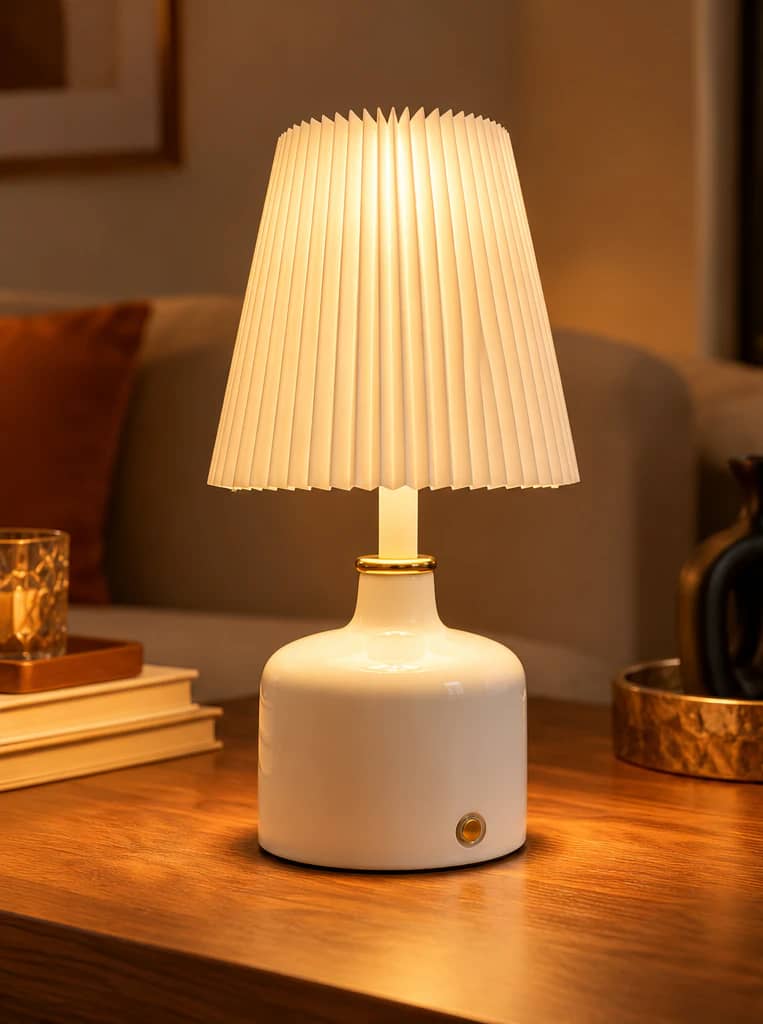 Lampe à poser blanche allumée, à l’abat-jour plissé, sur un meuble en bois à côté de livres