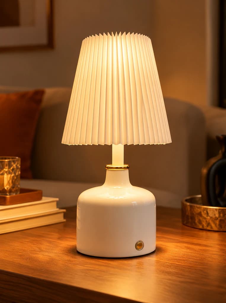 Lampe de table sans fil rechargeable à abat-jour plissé allumée dans un salon