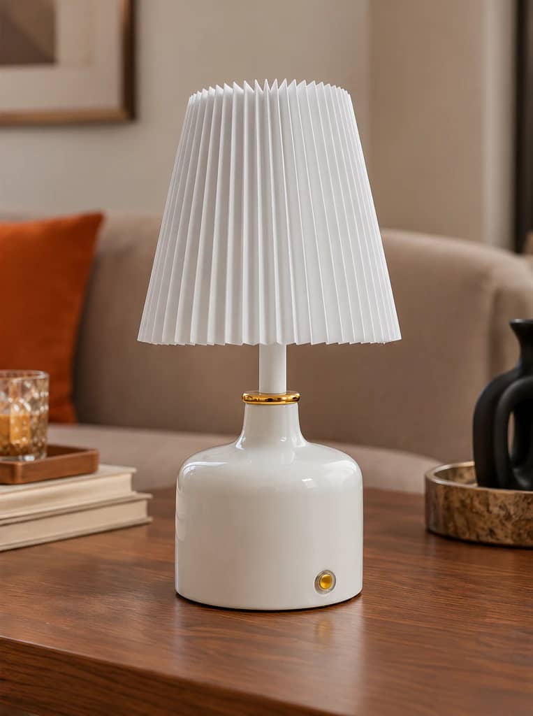 Lampe à poser blanche à l’abat-jour plissé sur un meuble en bois, dans un intérieur calme et chaleureux