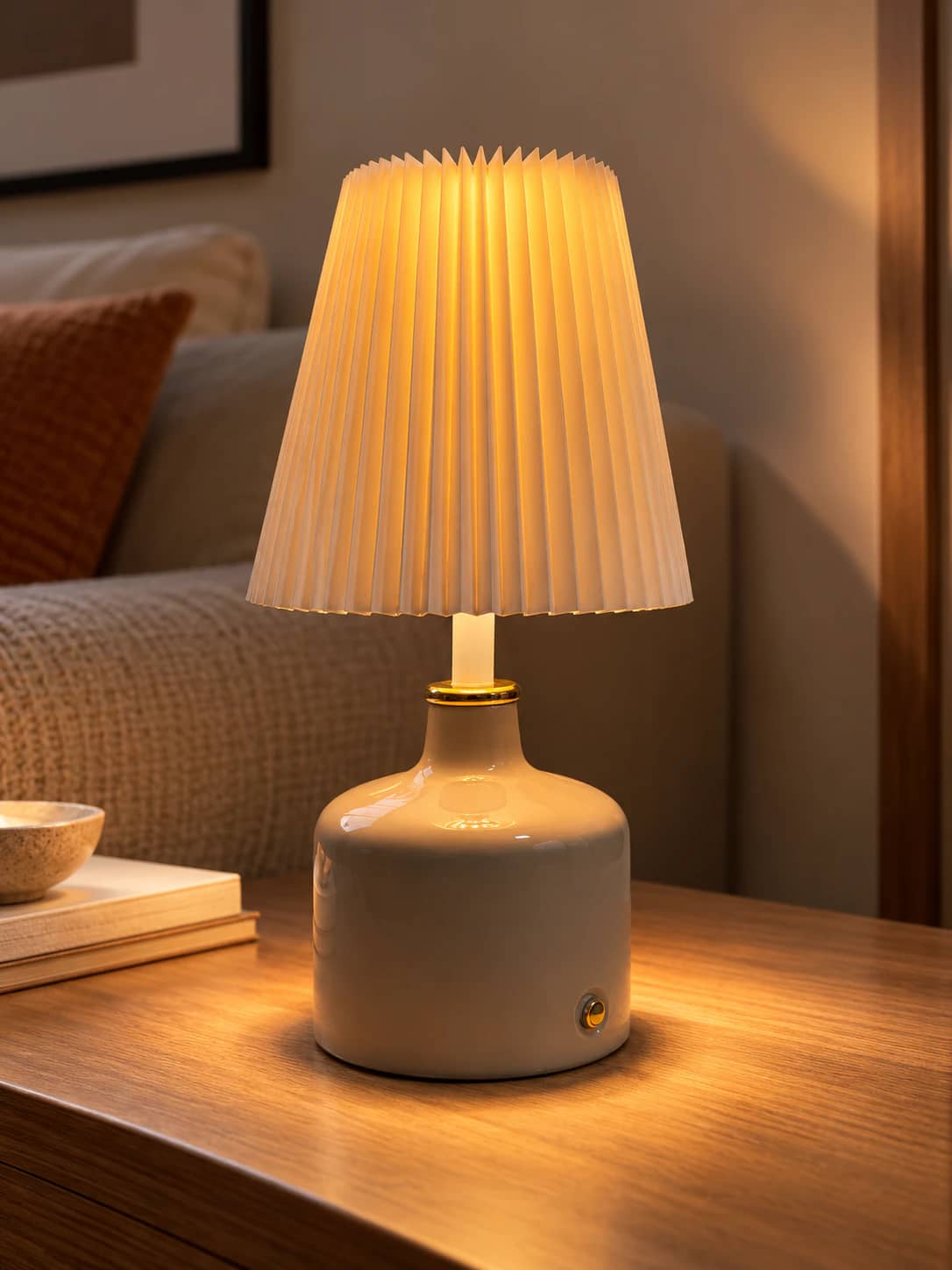 Lampe à poser taupe allumée, à l’abat-jour plissé, sur un meuble en bois dans un salon chaleureux