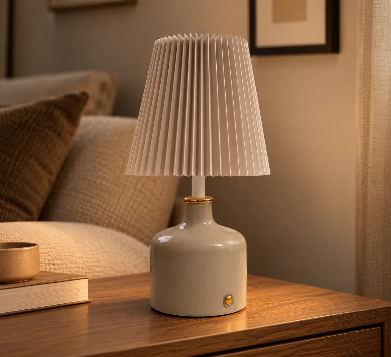 Lampe à poser taupe à l’abat-jour plissé sur un meuble en bois, devant un canapé aux coussins chauds