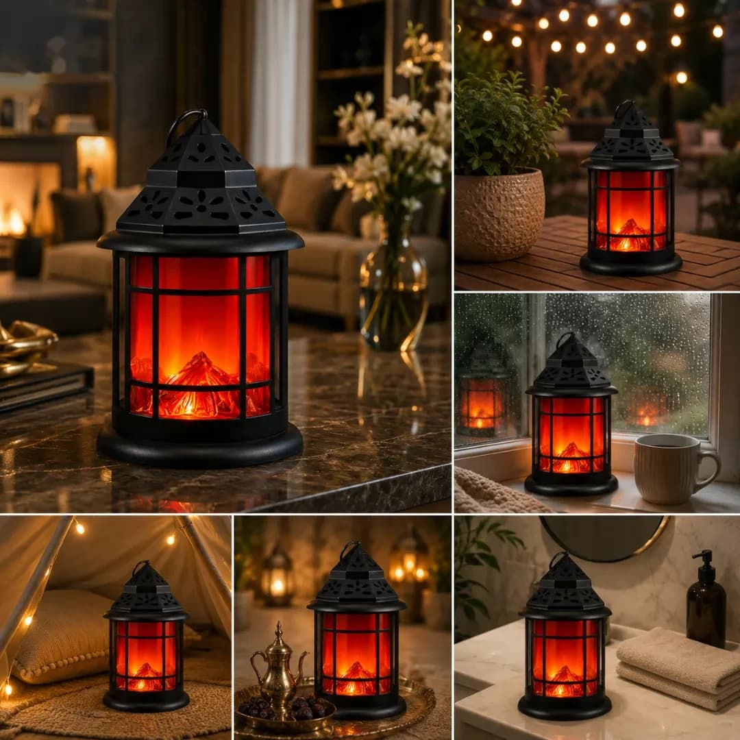 Lanterne Décorative LED Effet Flamme — Noir Ajouré — Noir