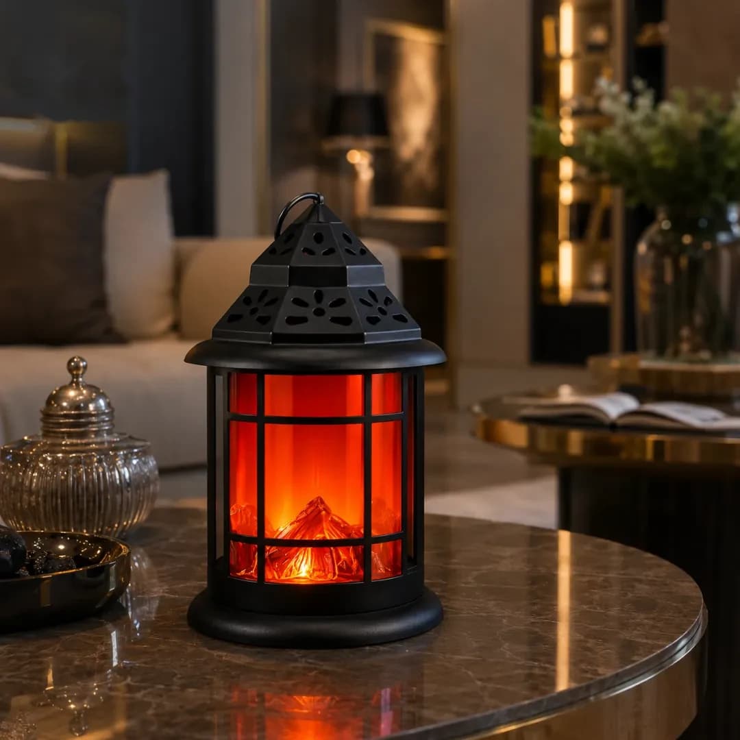 Lanterne Décorative LED Effet Flamme — Noir Ajouré — Noir