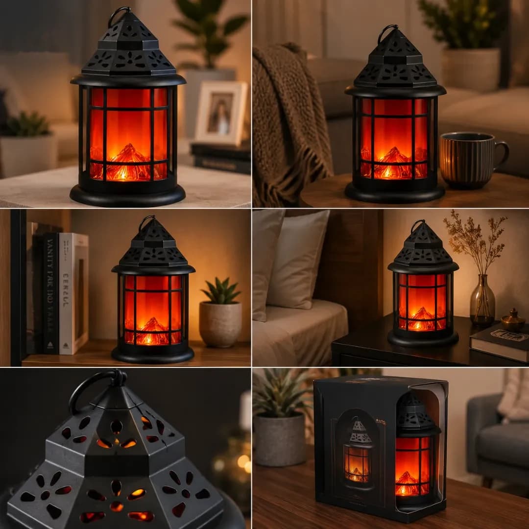 Lanterne Décorative LED Effet Flamme — Noir Ajouré — Noir