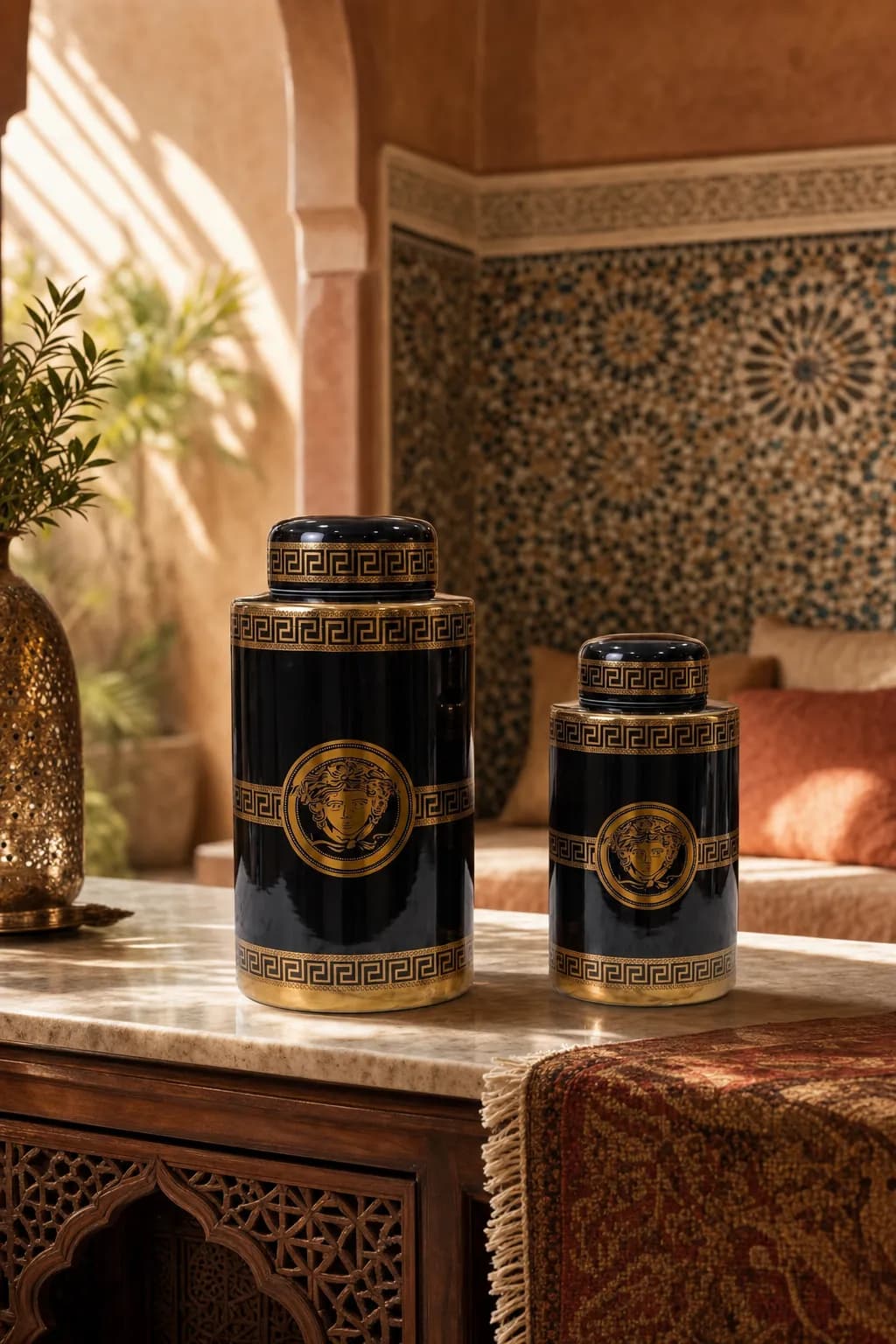 Potiche Cylindrique Versace Médusa & Or — Grand — Noir & Or