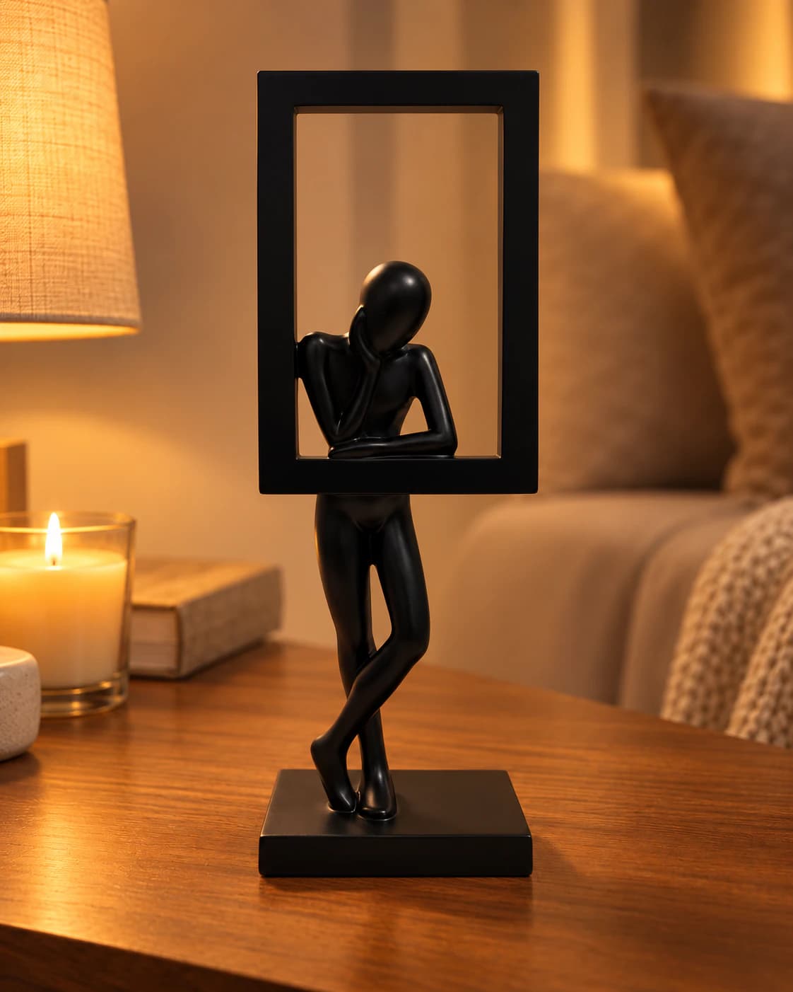 Sculpture dans un cadre noire posée sur une console d'entrée près d'une lampe
