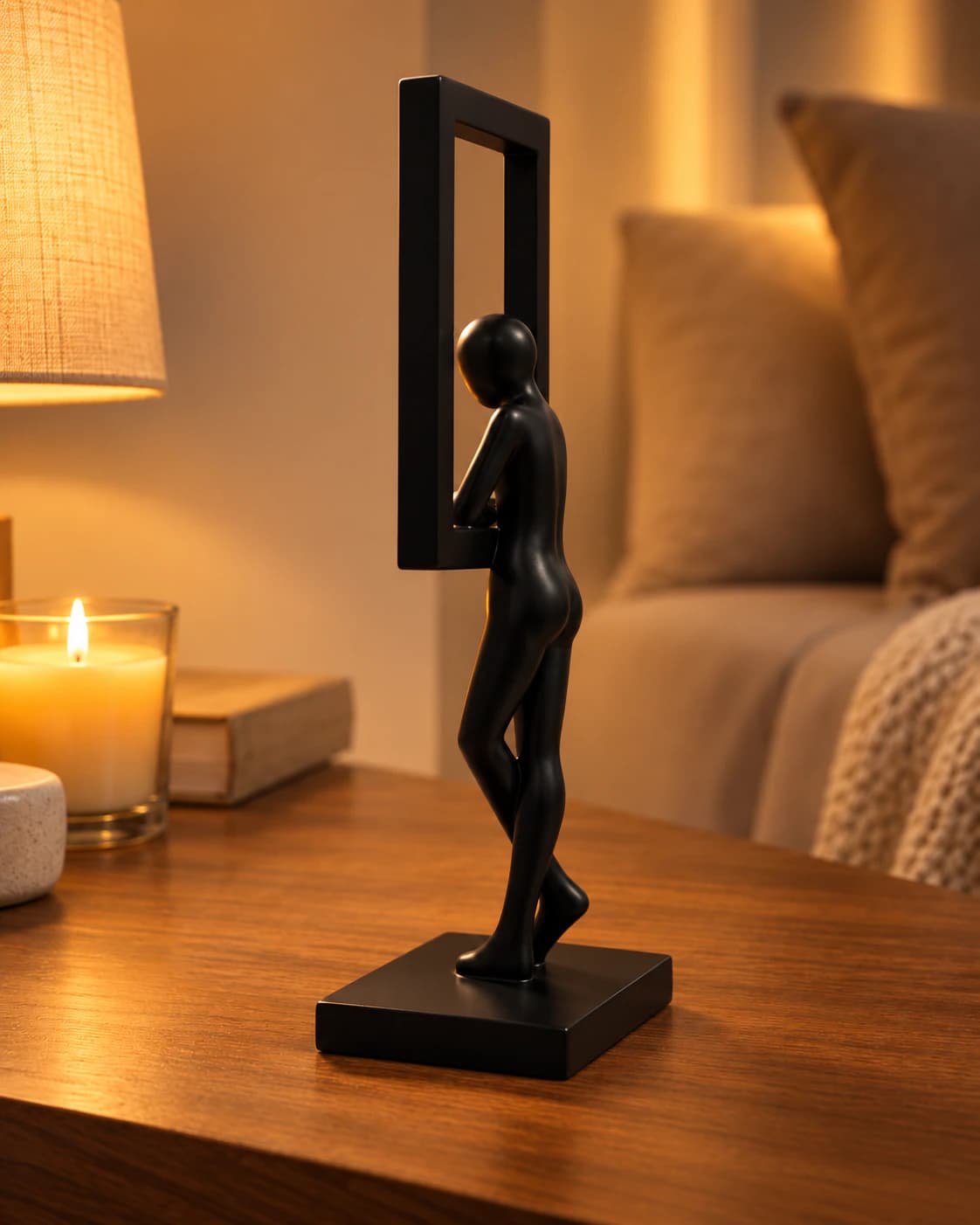 Sculpture de silhouette pensive accoudée à un cadre