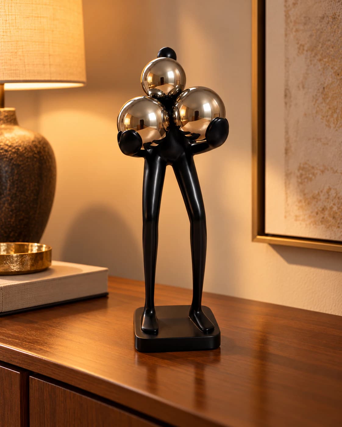 Sculpture moderne aux sphères argentées sur une console de salon