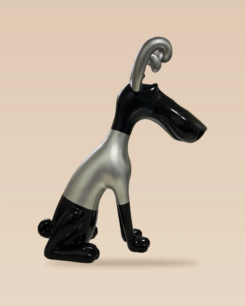 Statuette Décorative en Résine de Chien Stylisé Assis, Bicolore Noir et Argent
