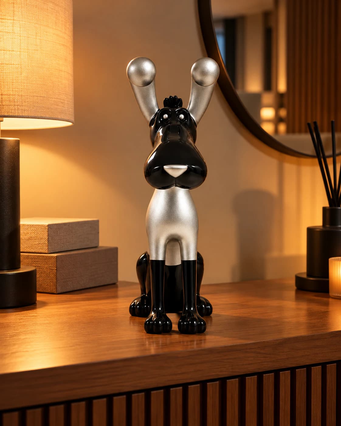 Statuette de chien stylisé noir et argent sur un meuble en bois, devant un miroir et une lampe