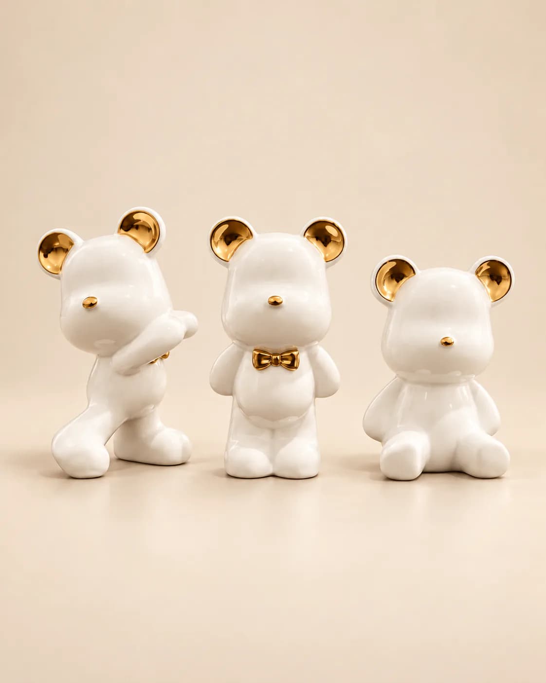 Trio Ours en Céramique Blanc & Or
