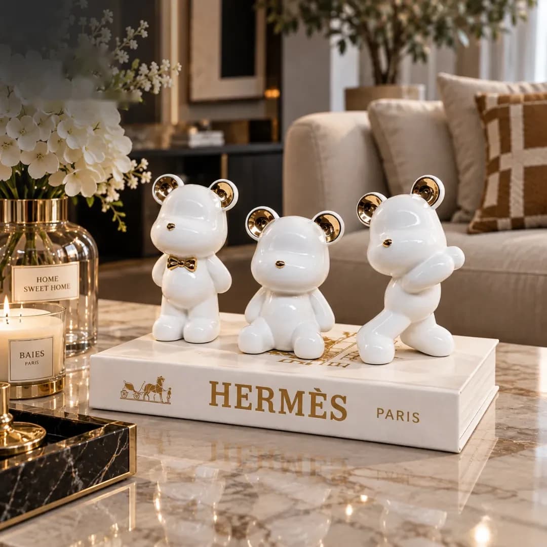 Trio Ours en Céramique Blanc & Or — Blanc & Or
