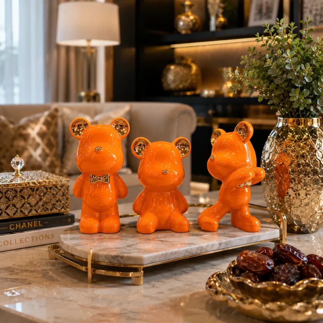 Trio Ours en Céramique Orange & Or — Orange & Or