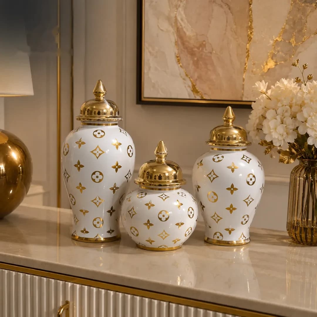 Trio Potiches Céramique Blanc & Or — Monogramme Louis Vuitton — Standard