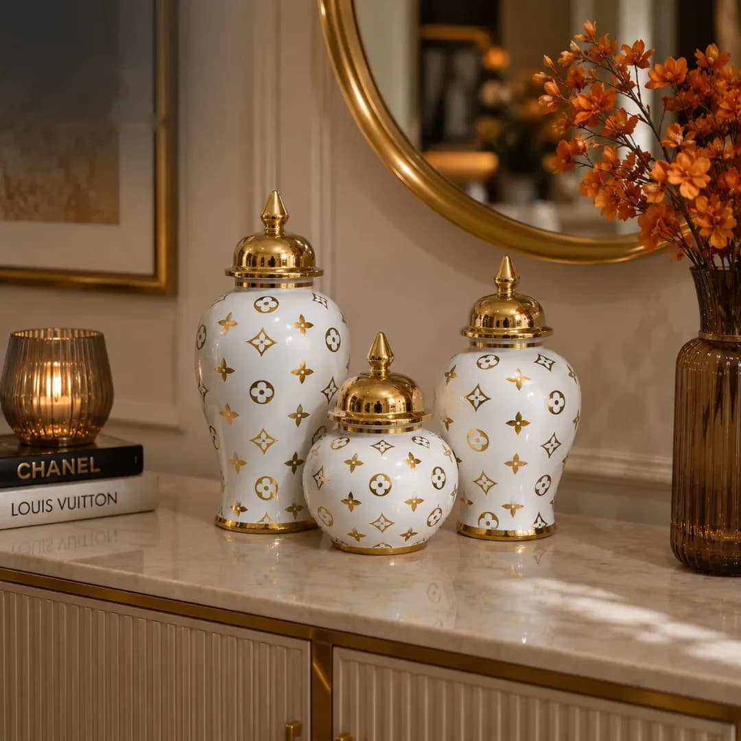 Trio Potiches Céramique Blanc & Or — Monogramme Louis Vuitton — Standard