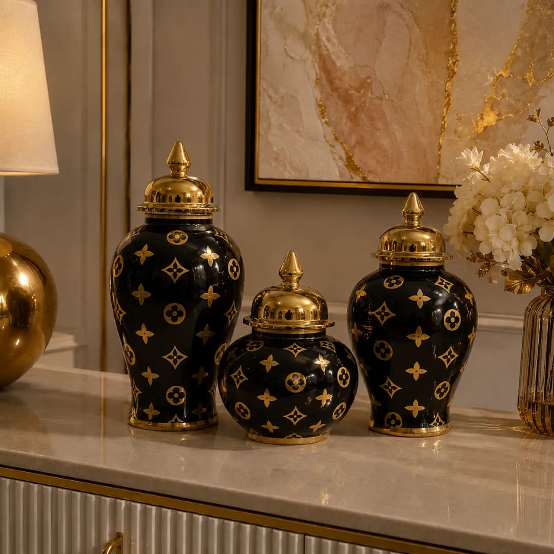 Trio Potiches Céramique Noir & Or — Monogramme Louis Vuitton — Standard