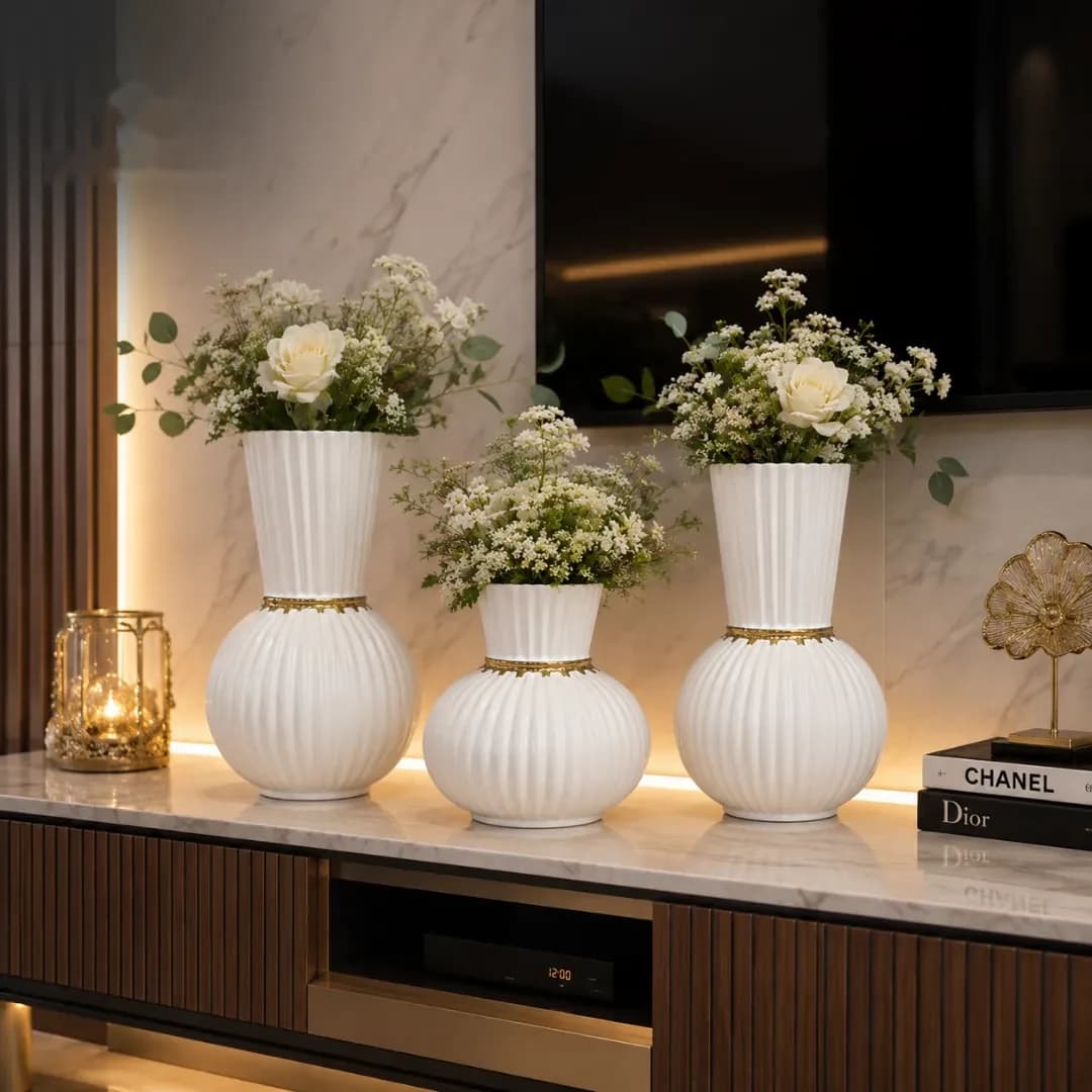 Trio Vases Céramique Cannelés Blanc & Or — Le Pack Complet — Standard