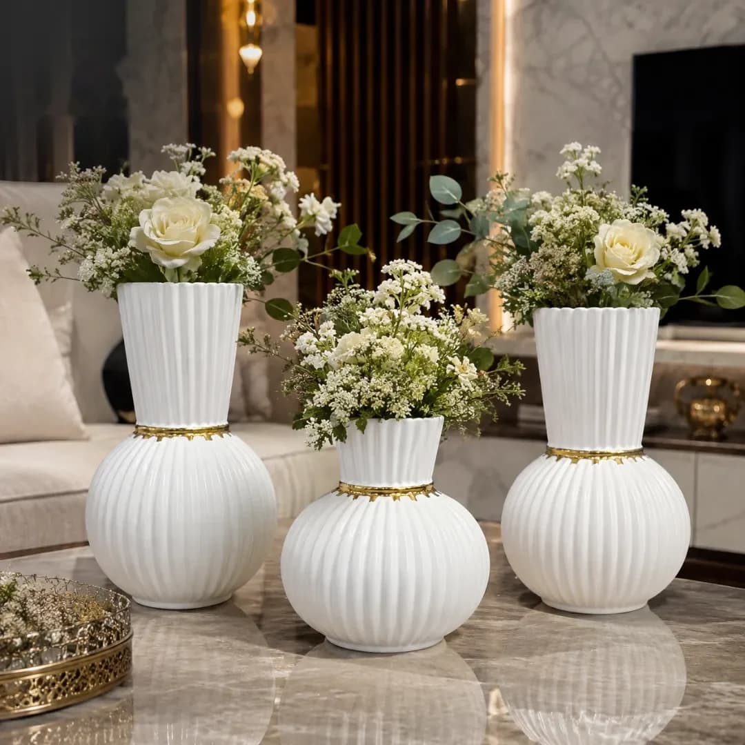 Trio Vases Céramique Cannelés Blanc & Or — Le Pack Complet — Standard