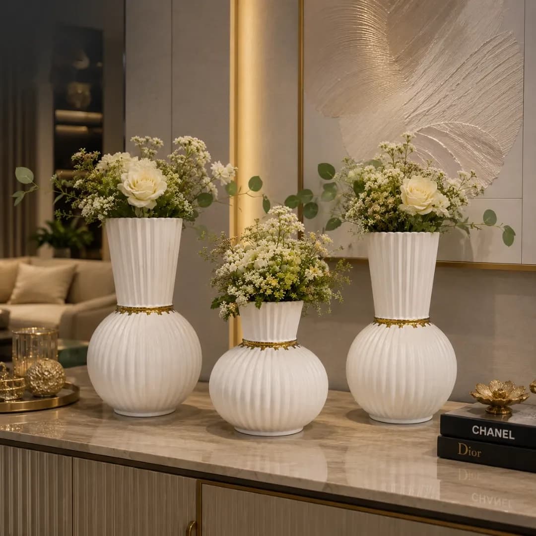 Trio Vases Céramique Cannelés Blanc & Or — Le Pack Complet — Standard