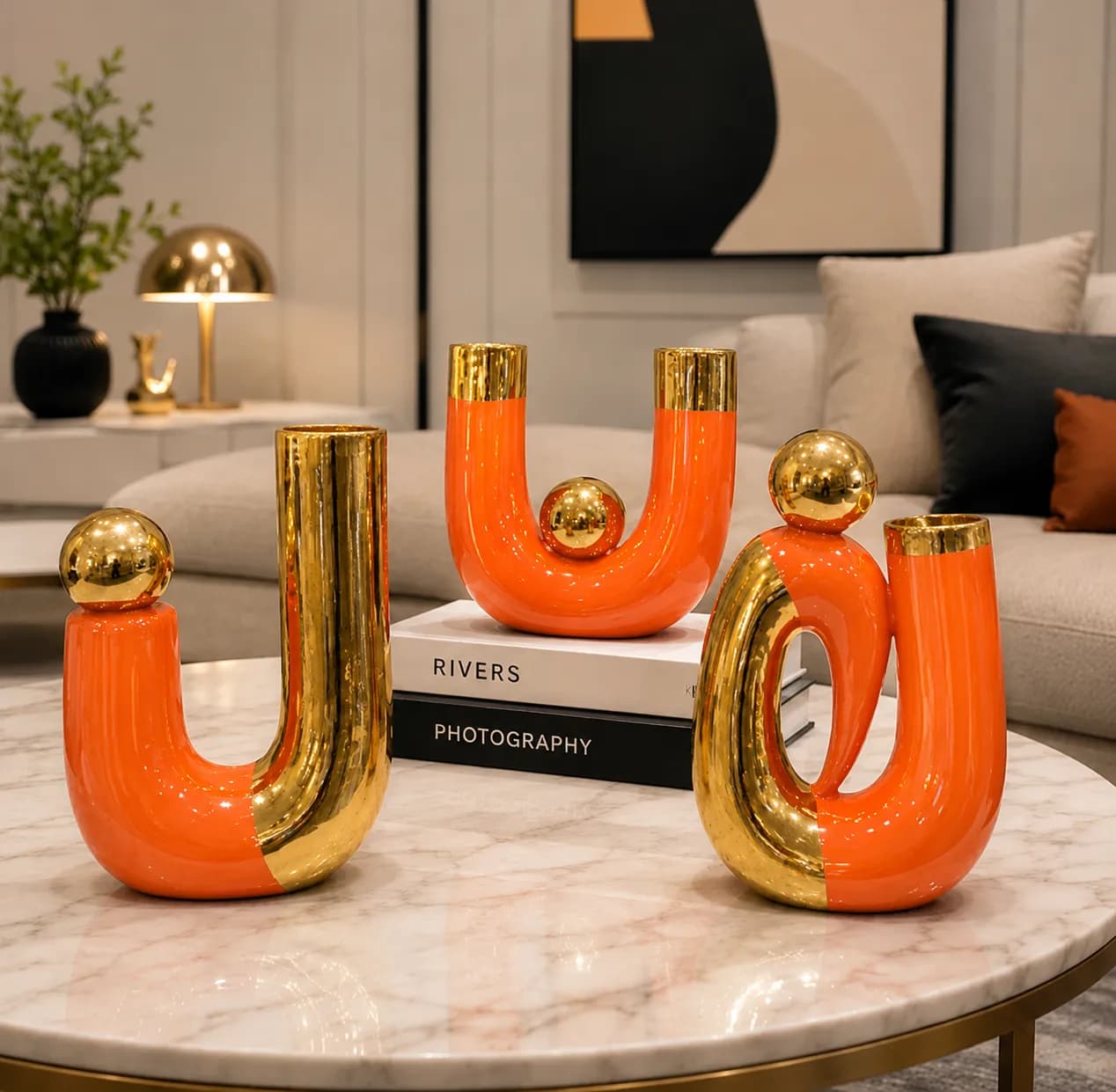 Trio Vases Tubulaires Orange & Or — Orange & Or