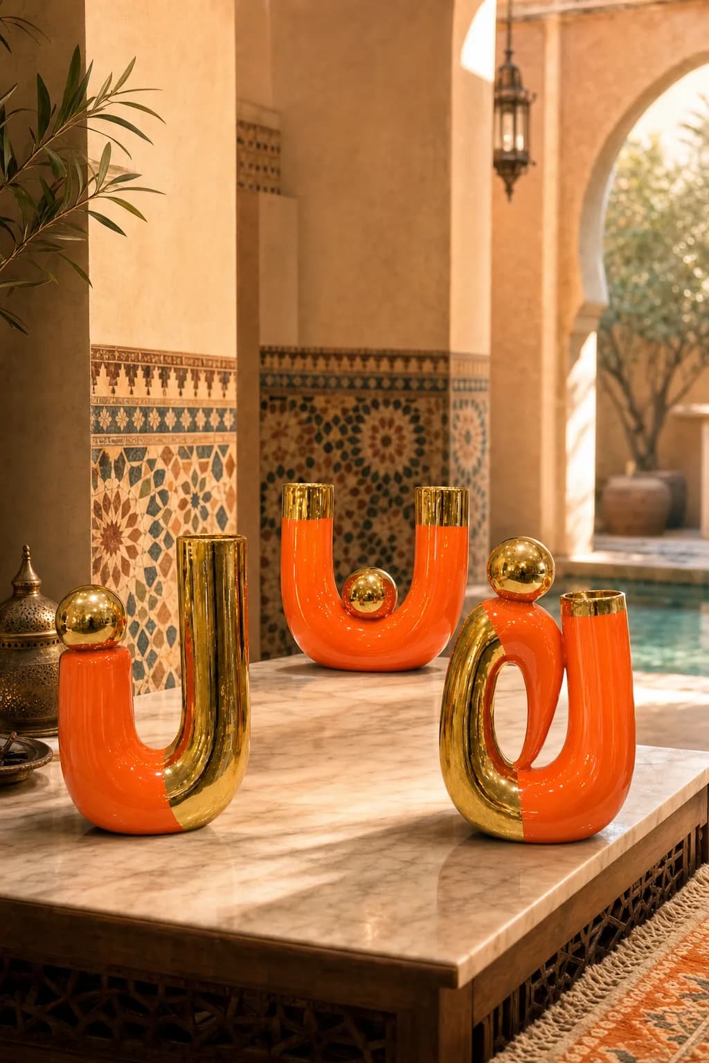 Trio Vases Tubulaires Orange & Or — Orange & Or