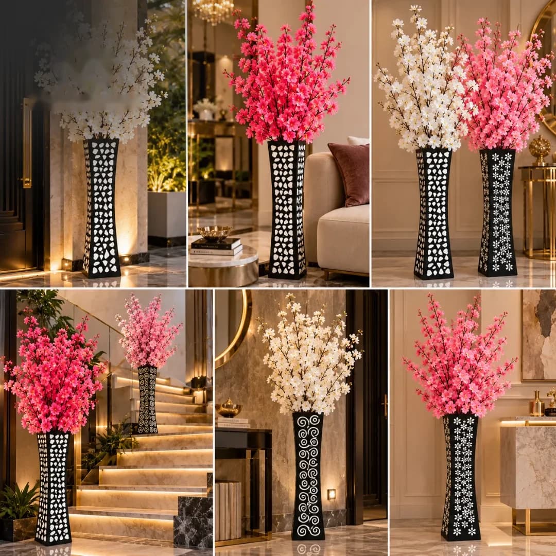 Vase à Fleurs Noir Ajouré — Motifs Blancs — Mosaïque