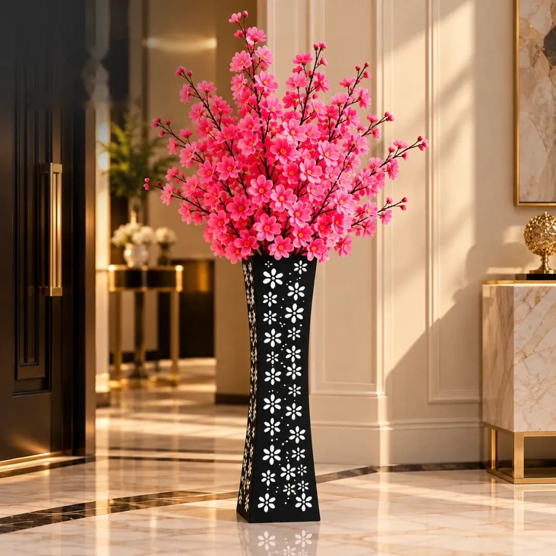 Vase à Fleurs Noir Ajouré — Motifs Blancs — Mosaïque