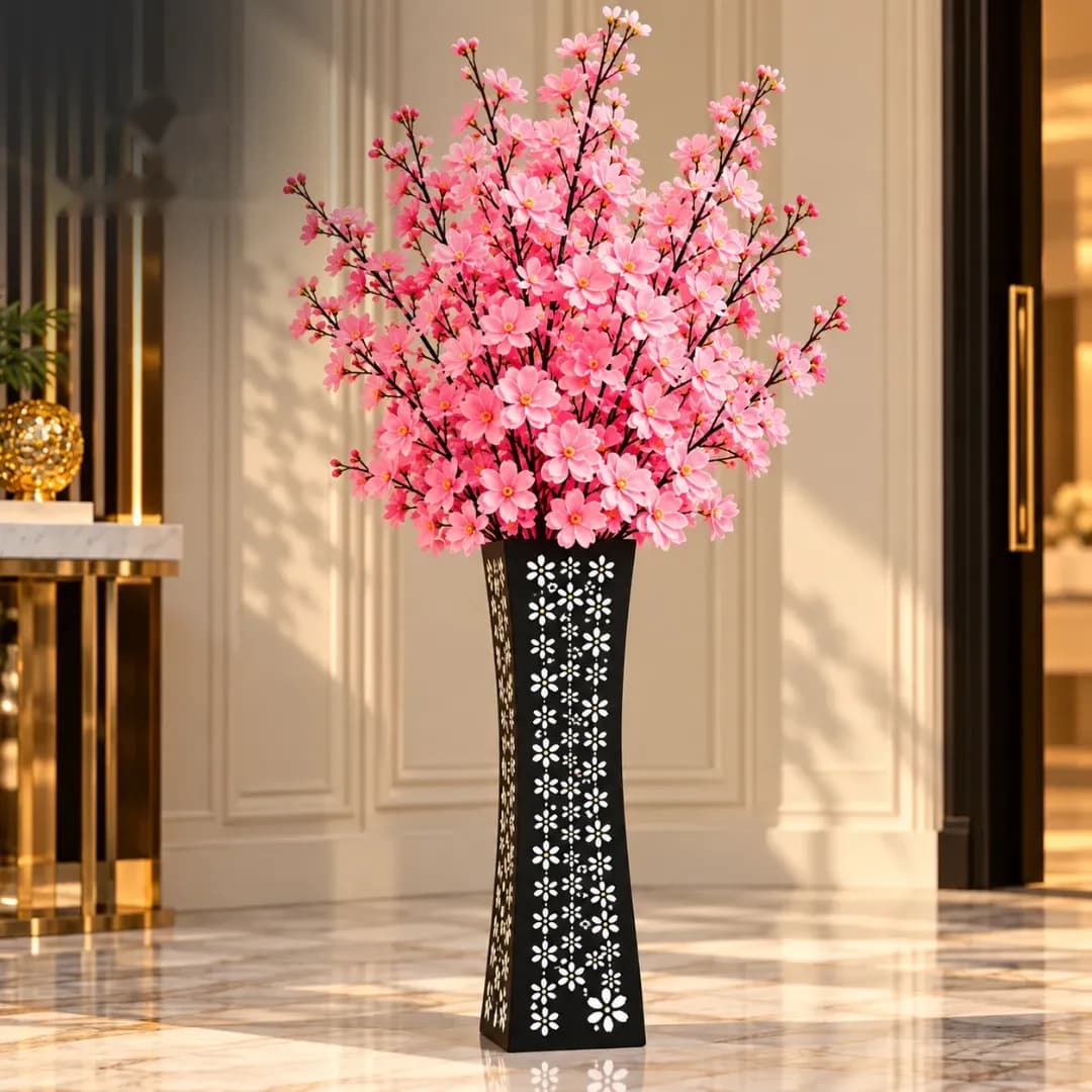 Vase à Fleurs Noir Ajouré — Motifs Blancs — Mosaïque