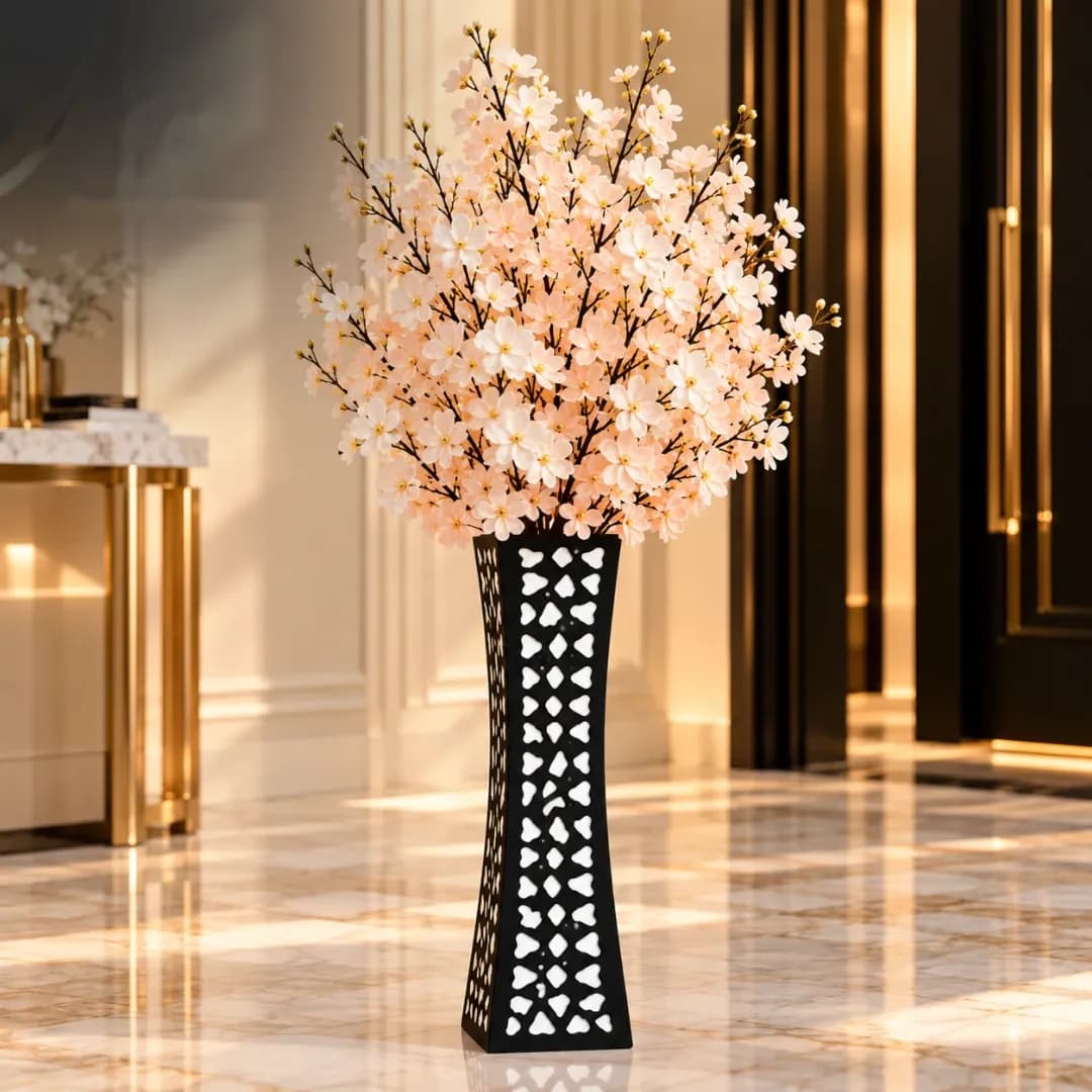 Vase à Fleurs Noir Ajouré — Motifs Blancs — Mosaïque
