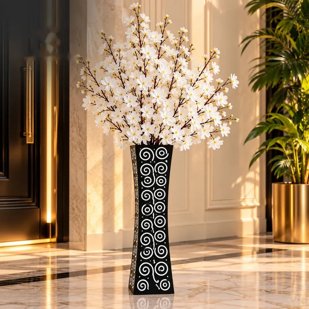 Vase à Fleurs Noir Ajouré — Motifs Blancs — Mosaïque