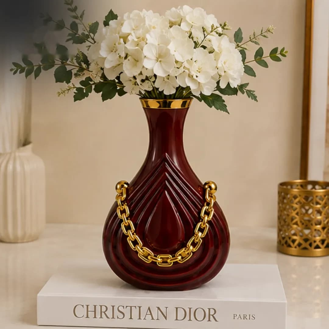 Vase Bordeaux Chaîne Dorée — Vase Fleur Céramique — Standard
