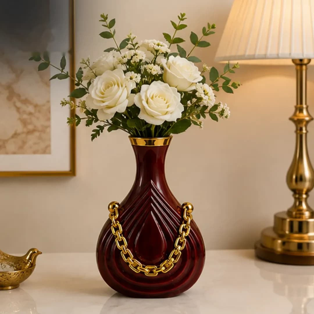 Vase Bordeaux Chaîne Dorée — Vase Fleur Céramique — Standard