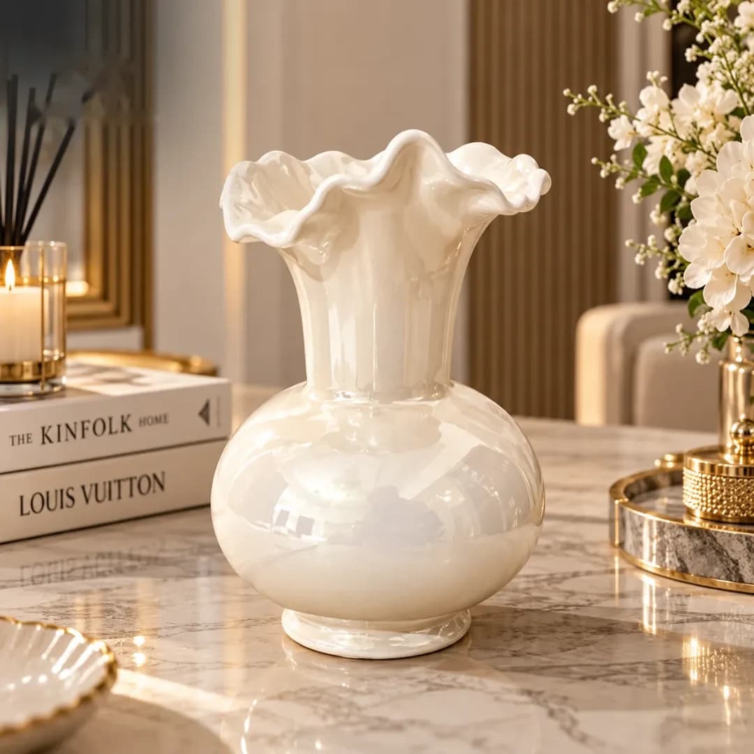 Vase Boule Céramique Nacré Col Festonné — Blanc Nacré