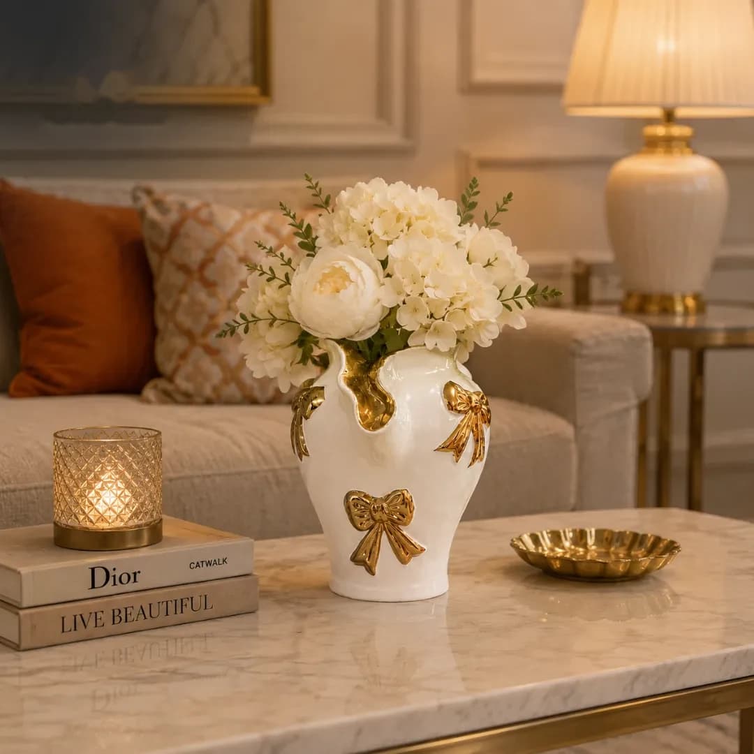 Vase Céramique Blanc à Nœuds Dorés — Standard