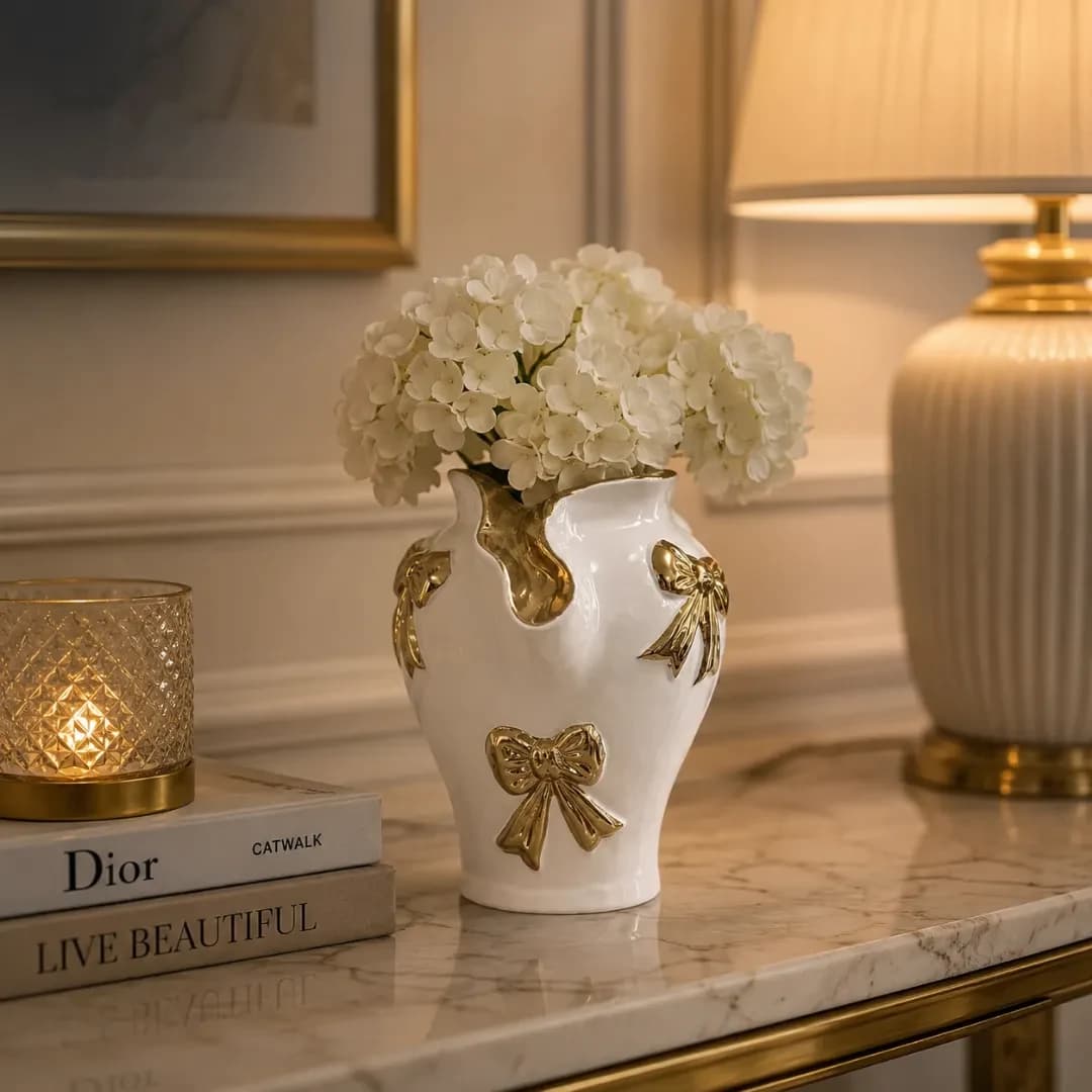 Vase Céramique Blanc à Nœuds Dorés — Standard