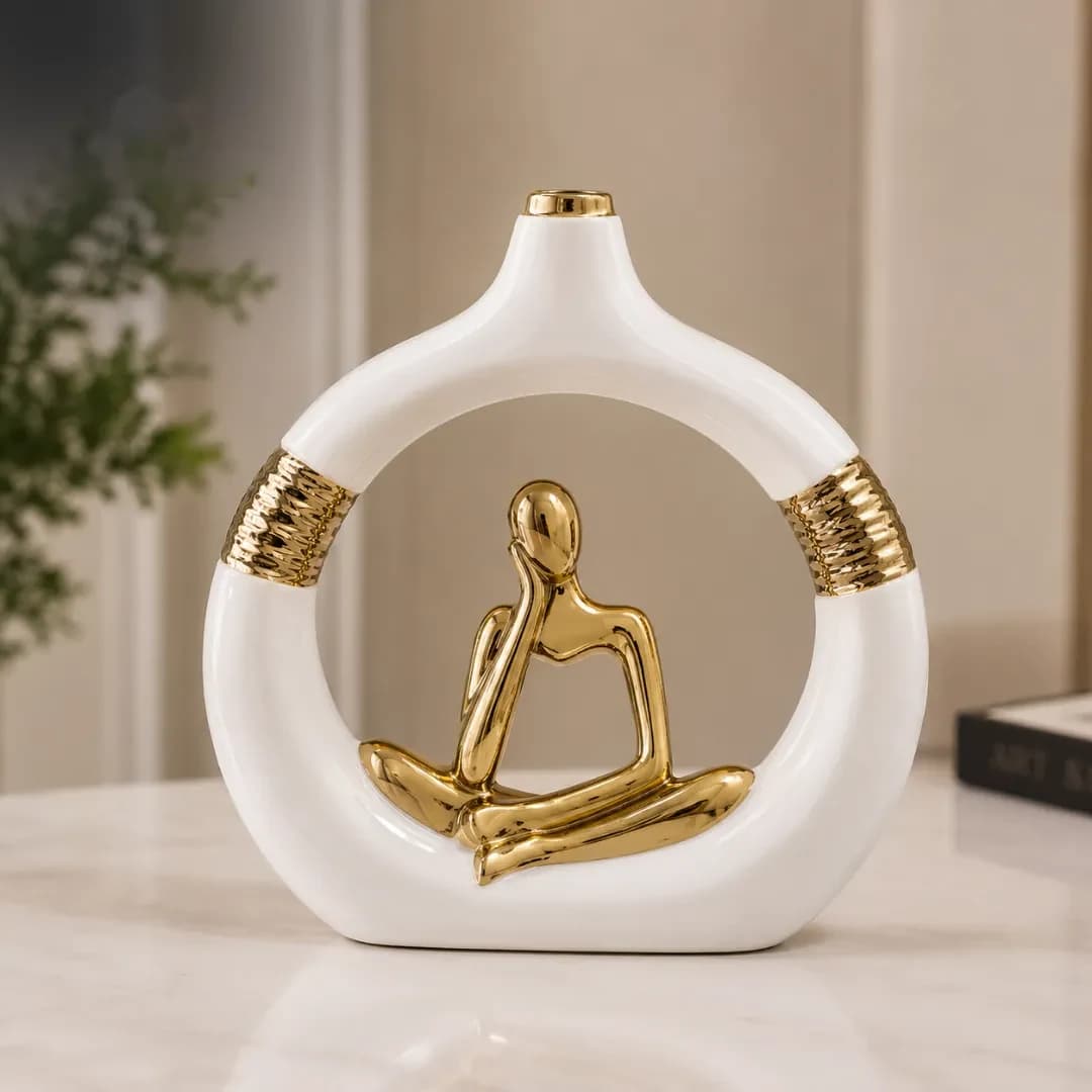Vase Cercle Céramique Blanc & Or — Figurine Méditation — Standard