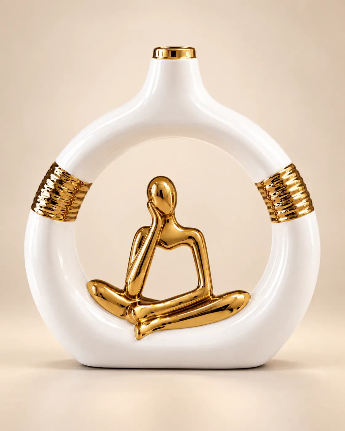 Vase Cercle Céramique Blanc & Or — Figurine Méditation