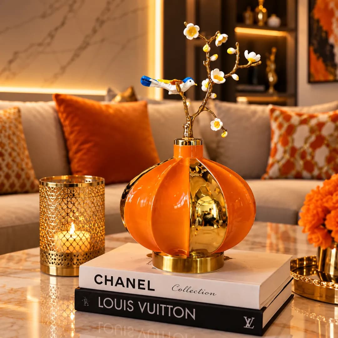 Vase Lanterne Céramique Orange & Or — Branche Fleurie & Oiseau — Orange