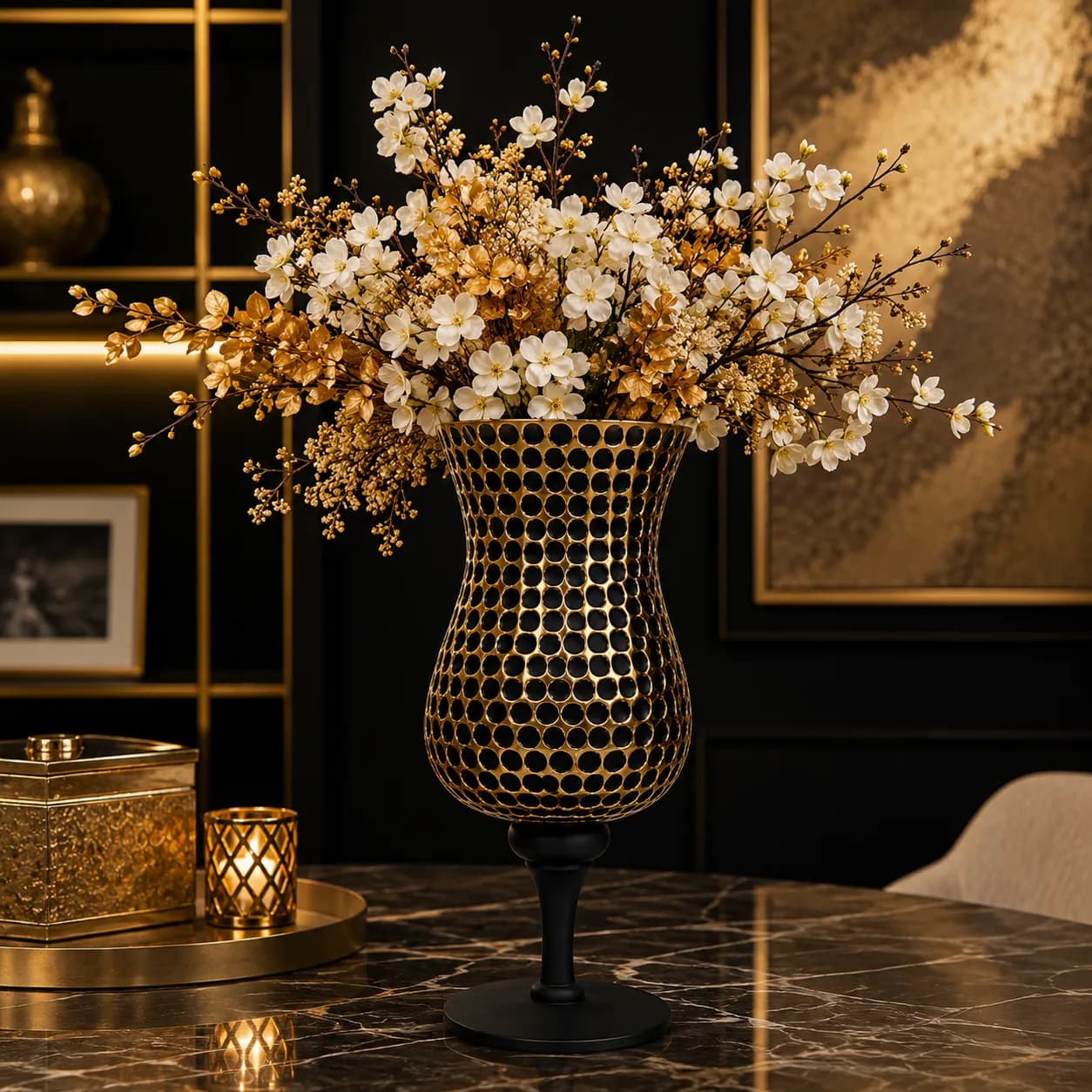 Vase Piédouche Doré Ajouré Nid d'Abeille — Or & Noir