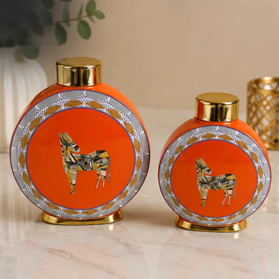 Vase Rond Hermès Cheval Céramique Orange & Or — Grand — Crème