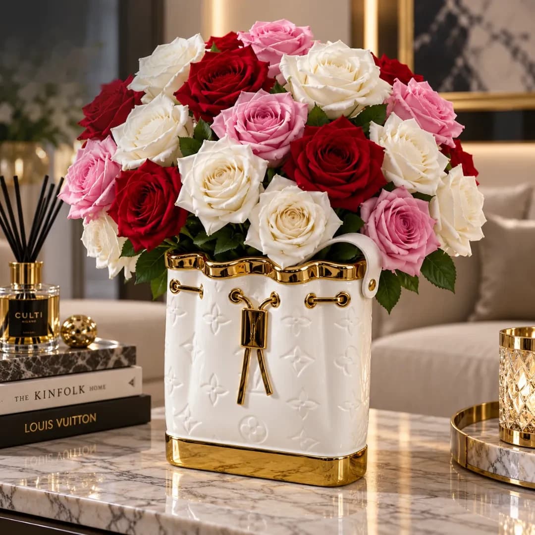 Vase Sac Céramique Blanc & Or — Monogramme Louis Vuitton — Blanc