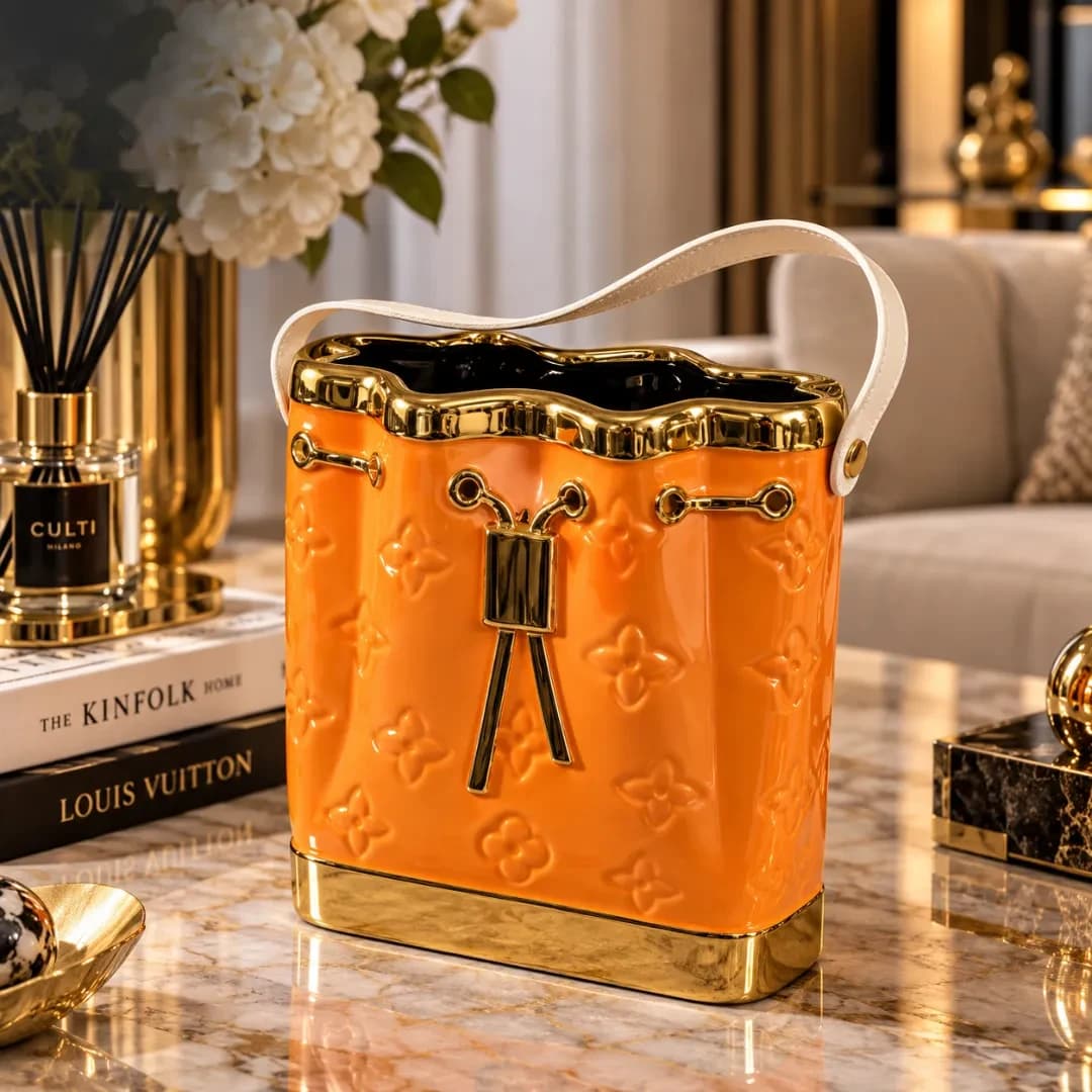 Vase Sac Céramique Orange & Or — Monogramme Louis Vuitton — Orange