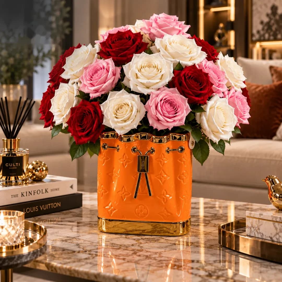 Vase Sac Céramique Orange & Or — Monogramme Louis Vuitton — Orange
